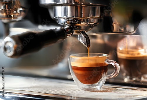 espresso machine pouring coffee. coffee day concept.