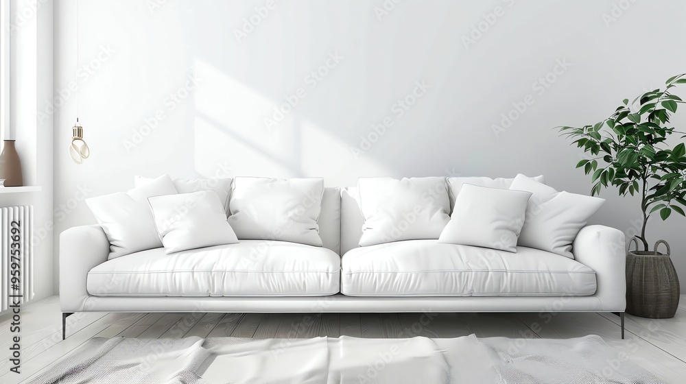A white couch in a minimalist living room with a plant in a basket. A white couch in a minimalist living room with a plant in a basket.