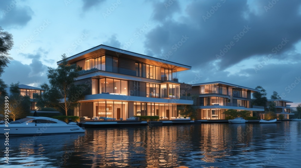 Elegant, modern houses with large glass windows are illuminated against the evening sky, reflecting beautifully on the calm waters. This image highlights luxury, contemporary architecture, and serene Elegant, modern houses with large glass windows are illuminated against the evening sky, reflecting beautifully on the calm waters. This image highlights luxury, contemporary architecture, and serene