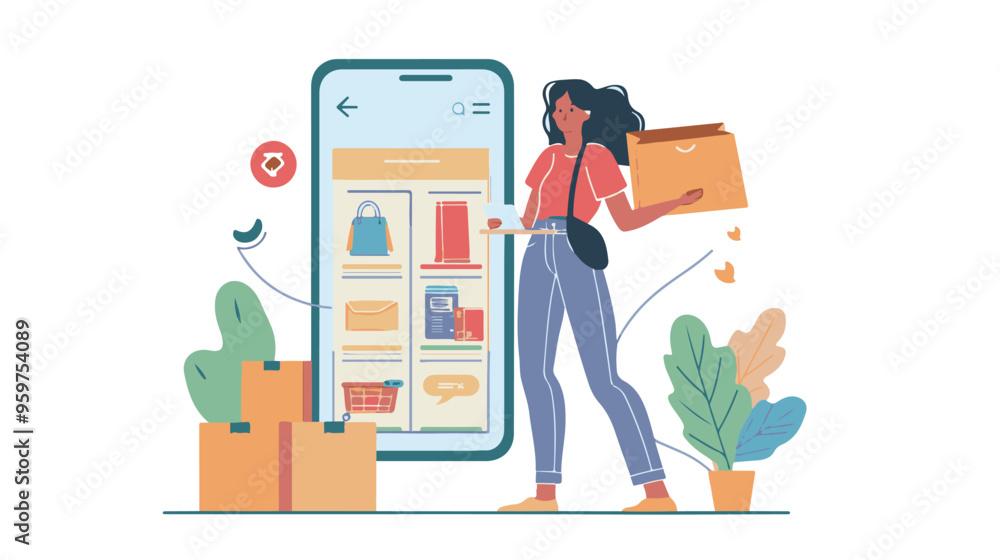 A woman chooses goods, pays online, and receives an order from a courier. Easy online shopping Vector flat illustrations A woman chooses goods, pays online, and receives an order from a courier. Easy online shopping Vector flat illustrations