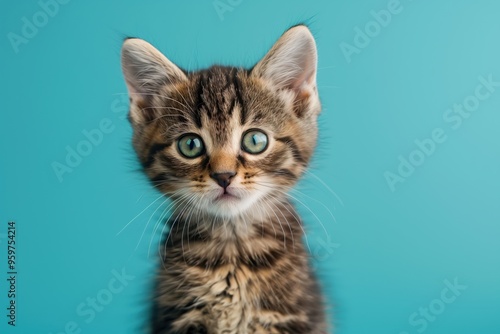 Cute tabby kitten with green eyes looking at camera on a blue background.