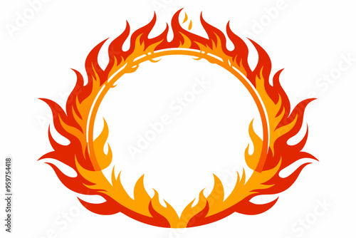 Fire and flames, burning circle flame frame vector illustration