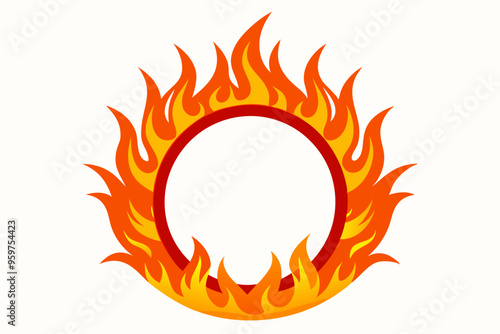 Fire and flames, burning circle flame frame vector illustration