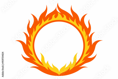 Fire and flames, burning circle flame frame vector illustration