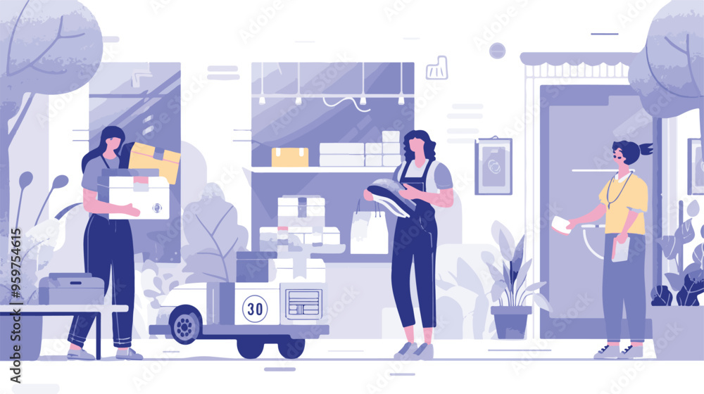 A woman chooses goods, pays online, and receives an order from a courier. Easy online shopping Vector flat illustrations A woman chooses goods, pays online, and receives an order from a courier. Easy online shopping Vector flat illustrations