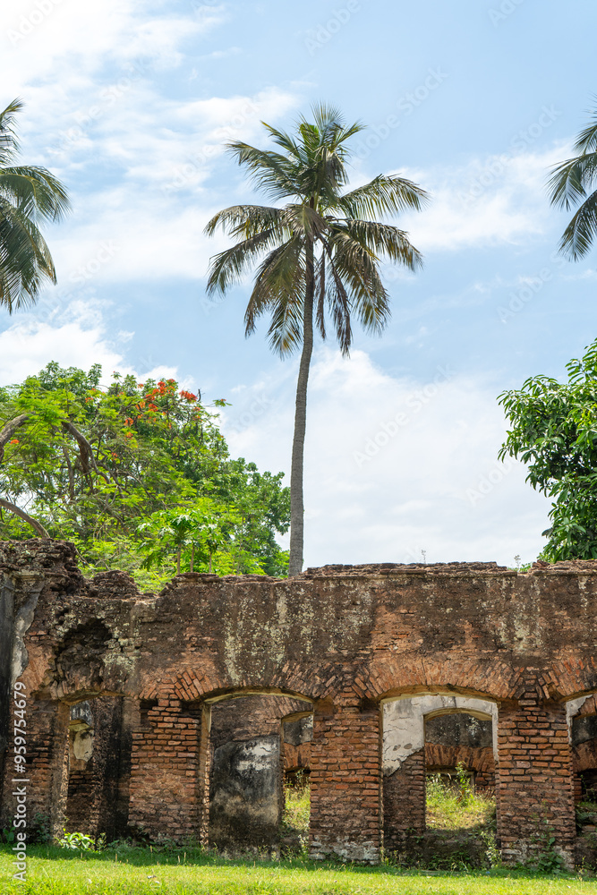 Tall palm tree rising above an abandoned old ruins, weathered brick wall under blue sky with scattered clouds, Puthia Temple Complex.