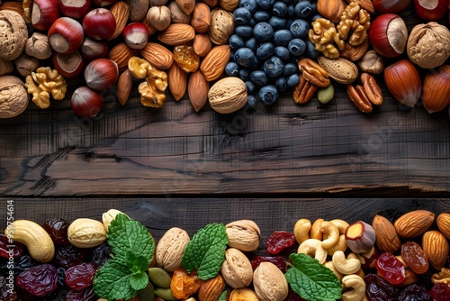 A Colorful Array of Nuts and Berries on Rustic Wood