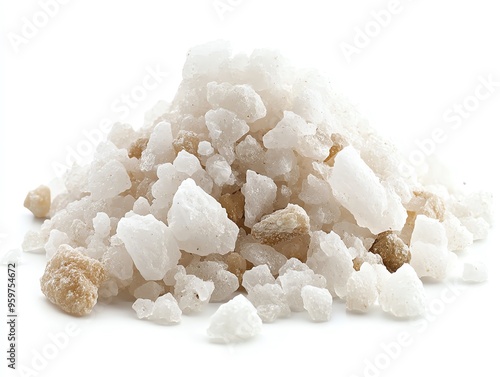 a pile of coarse sea salt crystals, hyperrealistic photography, sparkling white, isolated on white background