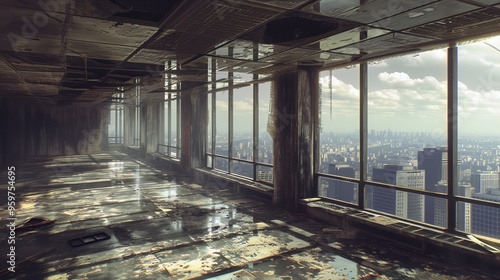 A haunting view of an abandoned skyscraper's upper floor, featuring broken windows and a deteriorating interior. Sunlight filters through the dirty glass, illuminating the empty, decaying space with a