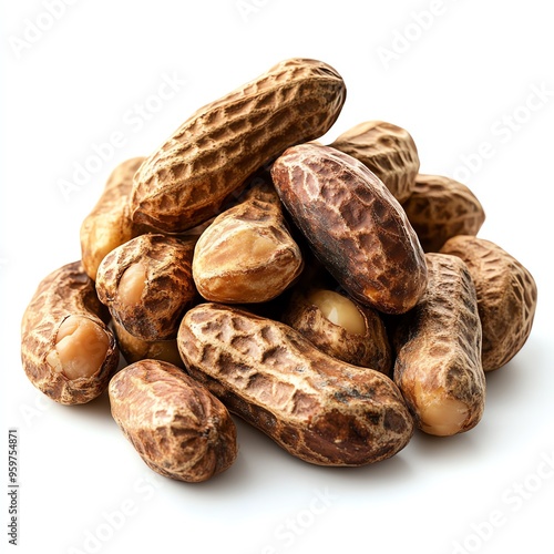 a pile of roasted peanuts with skins, hyperrealistic photography, rich brown tones, isolated on white background photo