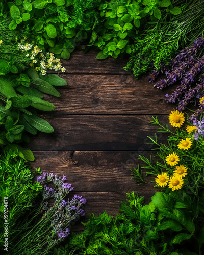 A vibrant assortment of fresh herbs and flowers surrounding a rustic wooden background, perfect for nature-themed designs.