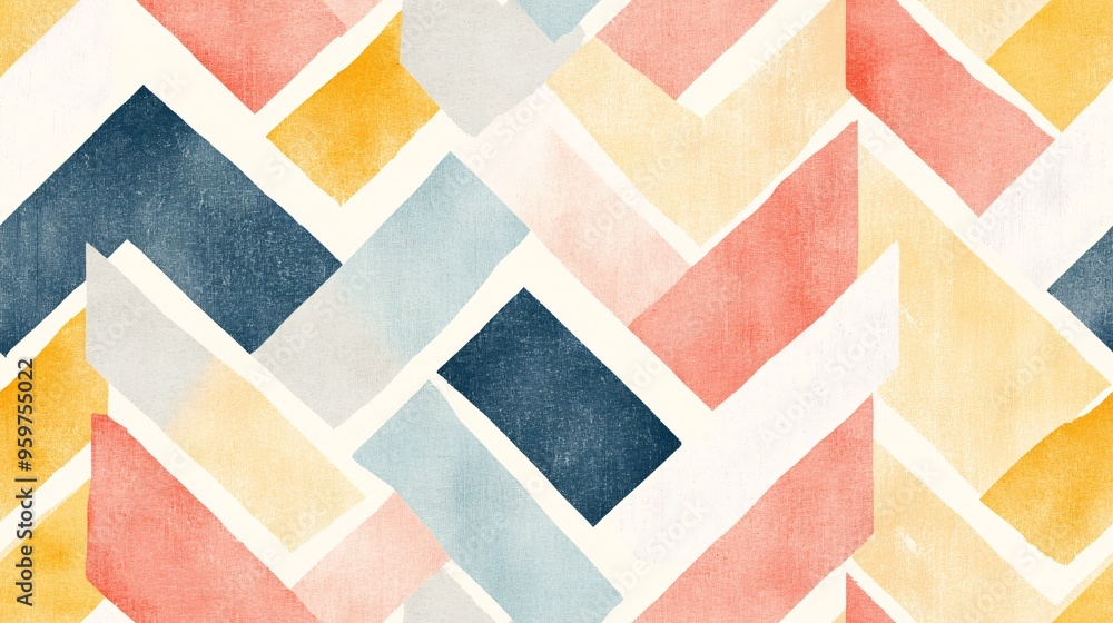 Fototapeta premium Watercolor Herringbone Harmony seamless pattern: A vibrant, geometric pattern of watercolor chevron stripes in coral, navy, yellow, and grey. 