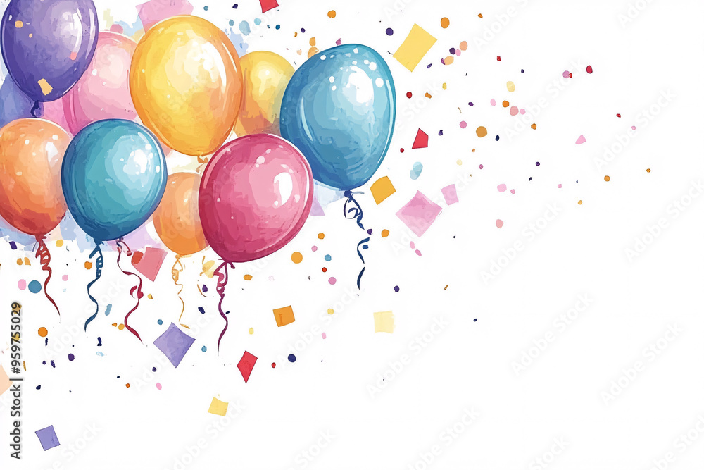 playful party scene with colorful balloons and confetti on a white background conveying a fun and joyful celebration atmosphere playful party scene with colorful balloons and confetti on a white background conveying a fun and joyful celebration atmosphere