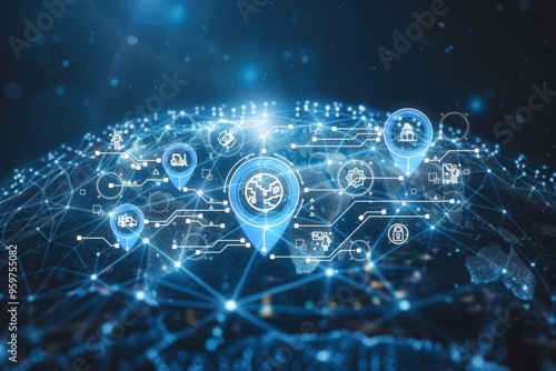 Wallpaper Mural Abstract digital image of a global network with interconnected nodes and icons representing various technological and business concepts. Torontodigital.ca