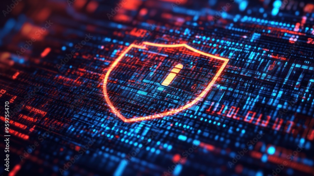 A cybersecurity concept showing a digital lock and shield icon with a ...