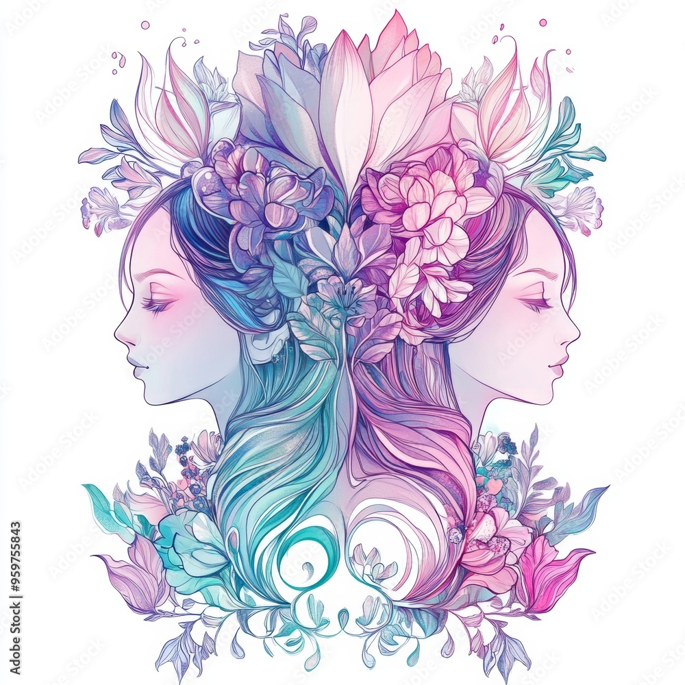 A symmetrical illustration of two profiles adorned with floral designs. A symmetrical illustration of two profiles adorned with floral designs.