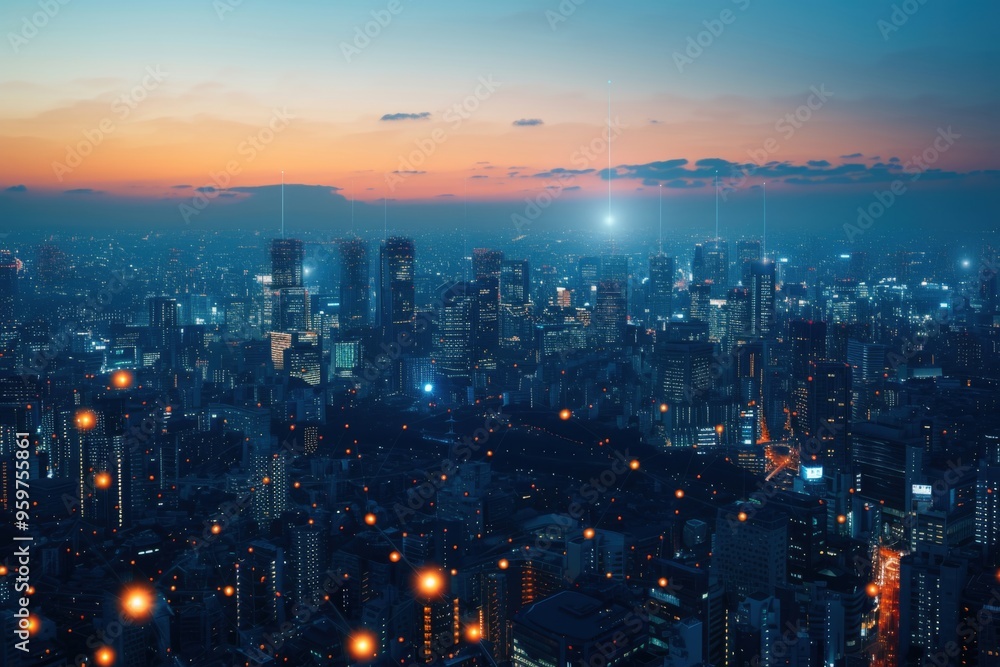 Fototapeta premium Stunning cityscape at dusk, showcasing glowing skyscrapers and vibrant lights against a serene sunset sky.