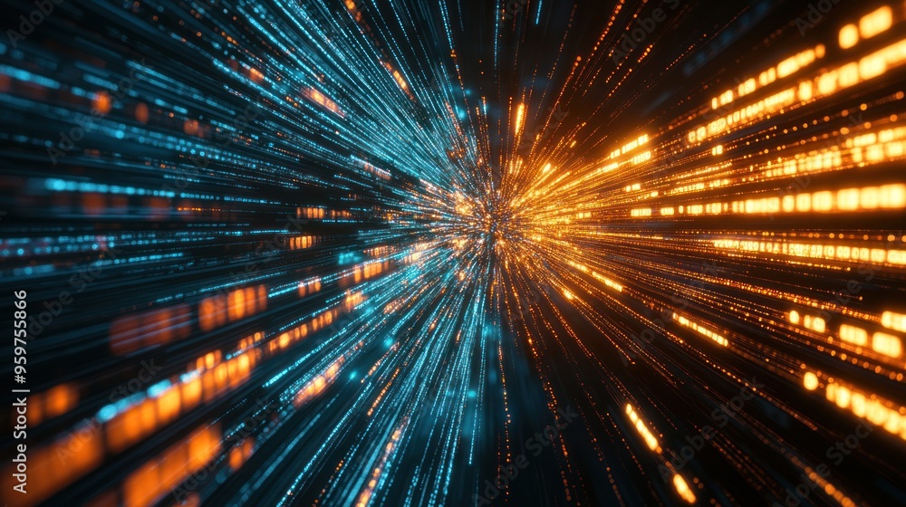 A digital representation of data transfer with streams of binary code flowing between two digital points, highlighted by light trails A digital representation of data transfer with streams of binary code flowing between two digital points, highlighted by light trails