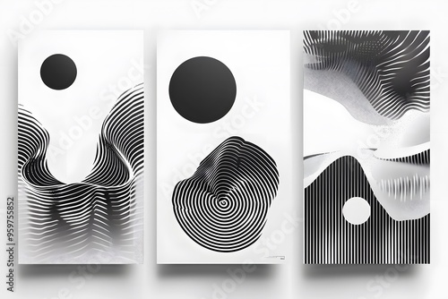 Abstract Black and White Geometric Art Panels with Fluid Lines and Shapes photo