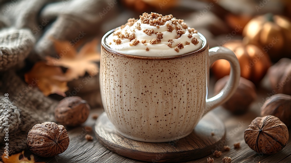 A frothy chestnut praline latte in a ceramic mug, whipped cream swirled on top with a sprinkle of praline crumbs, surrounded by autumn decor like leaves and a warm scarf, A frothy chestnut praline latte in a ceramic mug, whipped cream swirled on top with a sprinkle of praline crumbs, surrounded by autumn decor like leaves and a warm scarf,