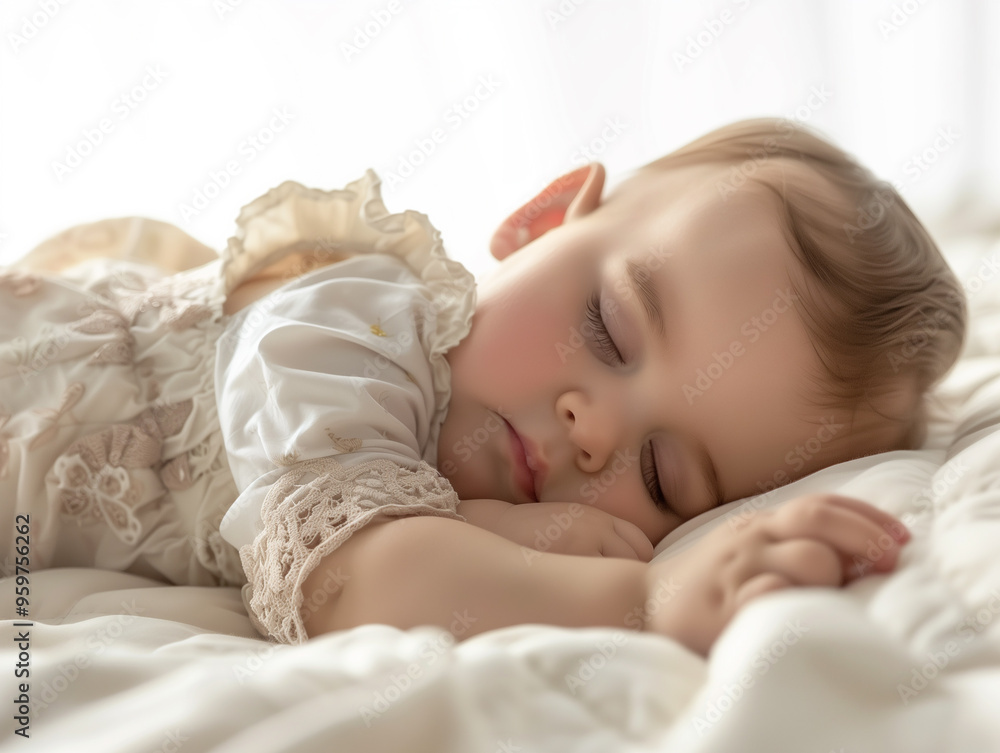 Serene portrait of a newborn baby asleep, wrapped in a cozy white blanket, embodying purity and calmness. Great for infant care and nursery designs.