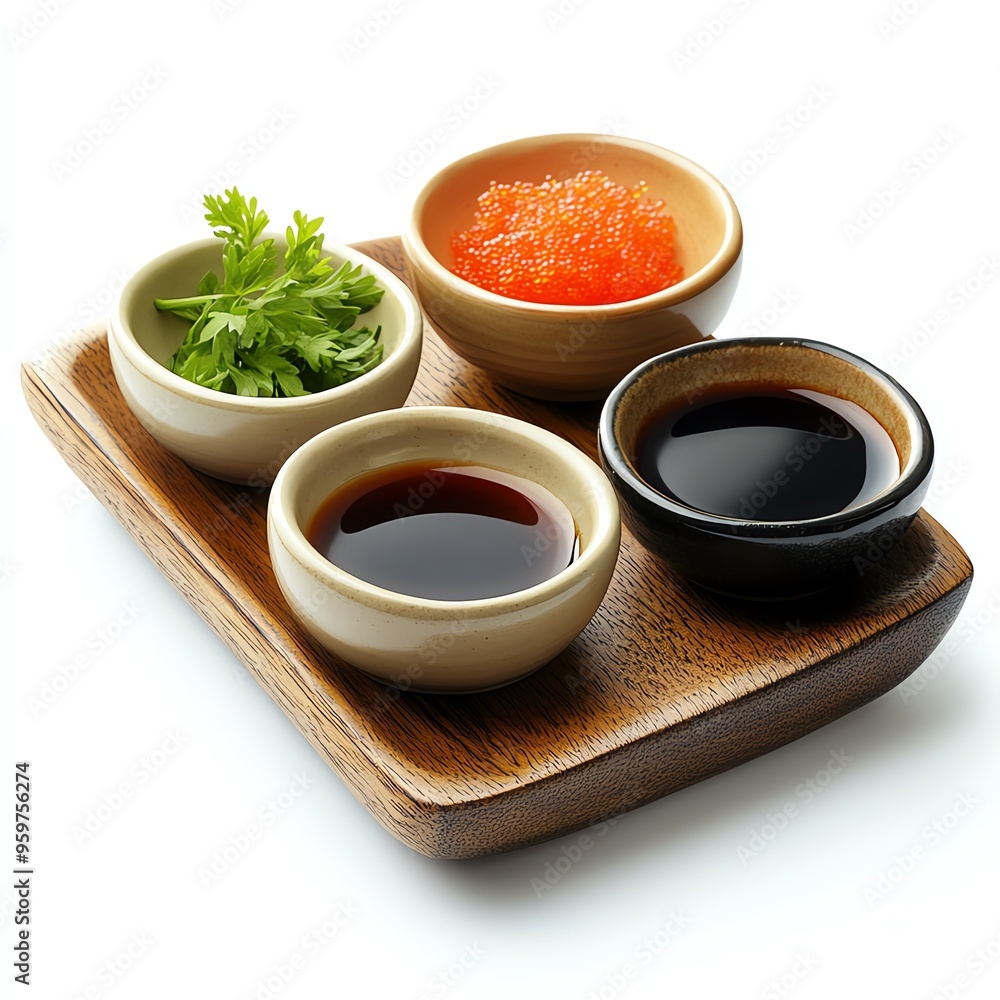 a soy sauce set with dipping bowls, traditional Asian dining, elegant and simple, isolated on white background a soy sauce set with dipping bowls, traditional Asian dining, elegant and simple, isolated on white background