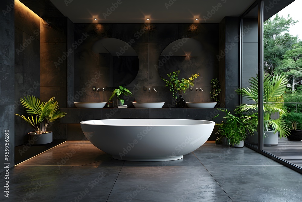 Fototapeta premium Modern Minimalist Bathroom with Elegant Bathtub and Lush Greenery