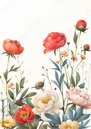 A beautiful botanical illustration featuring a bouquet of peonies and leaves. The watercolor effect and soft, muted colors