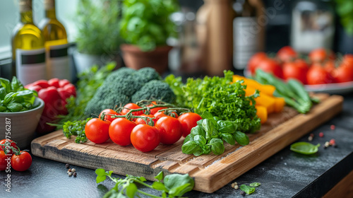 Minimalist kitchen with cutting board and fresh vegetables