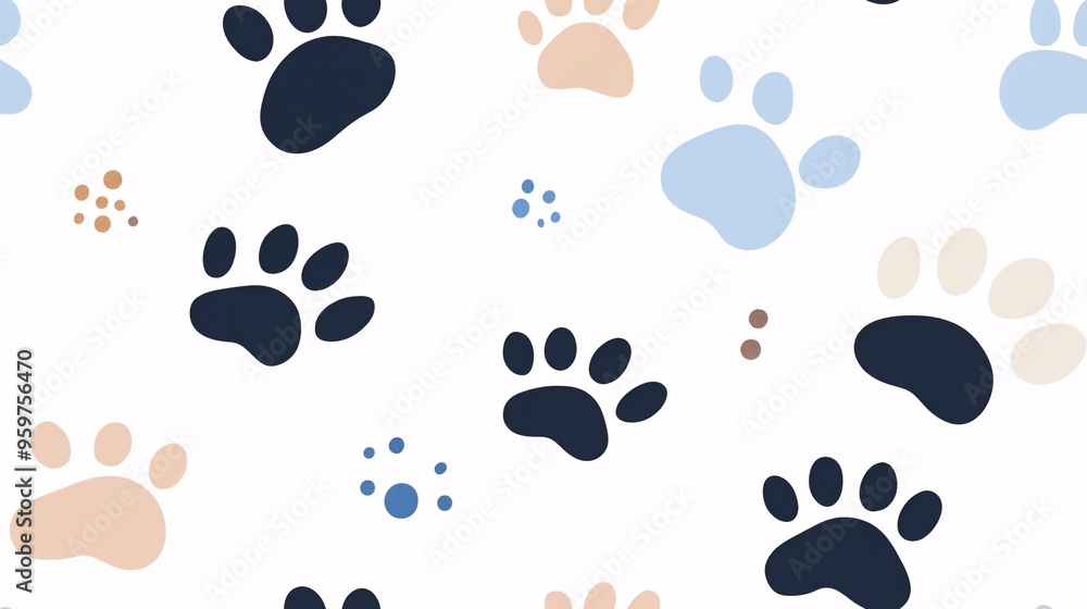 Fototapeta premium Paw Print Pattern: A charming and playful seamless pattern featuring paw prints in various shades of blue, beige, and black. Perfect for pet-themed projects, textiles, and home decor. 