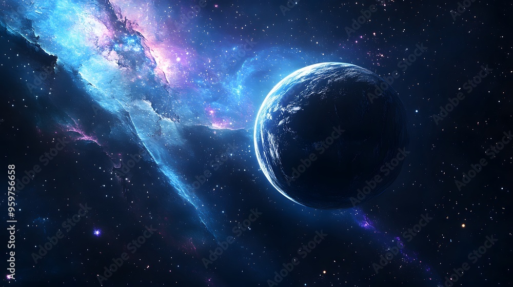 Mystical cosmic scene with distant planet and vibrant nebula in deep space Mystical cosmic scene with distant planet and vibrant nebula in deep space