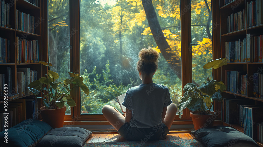 custom made wallpaper toronto digitalA person sitting by a window in a cozy library reading a book