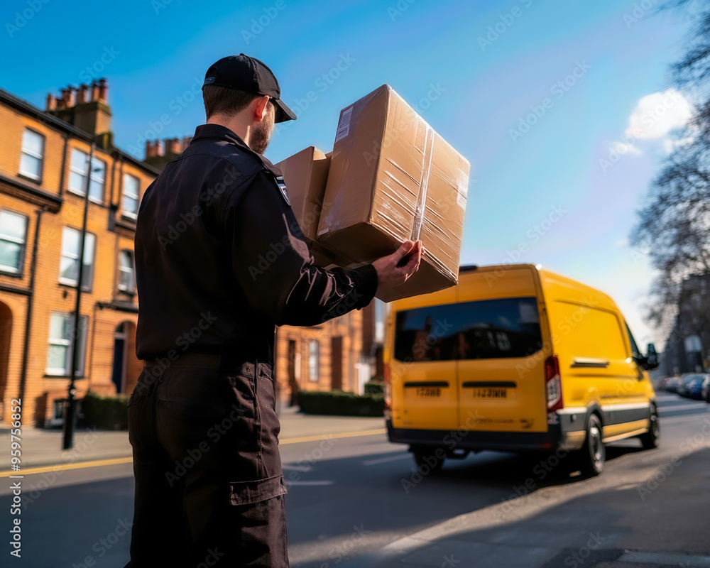 Delivery person carrying box towards yellow van on sunny street, representing logistics and efficient shipping services. Delivery person carrying box towards yellow van on sunny street, representing logistics and efficient shipping services.