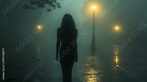 A woman standing alone in a rain-soaked street at midnight, the light from a single streetlamp casting long shadows, surreal fog enveloping the background