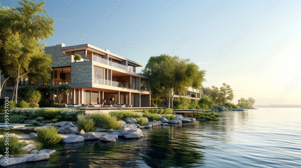 Stunning lakeside residences with large windows offer panoramic views of the water and are beautifully lit by the setting sun. The image captures the essence of luxury and serene waterfront living. Stunning lakeside residences with large windows offer panoramic views of the water and are beautifully lit by the setting sun. The image captures the essence of luxury and serene waterfront living.