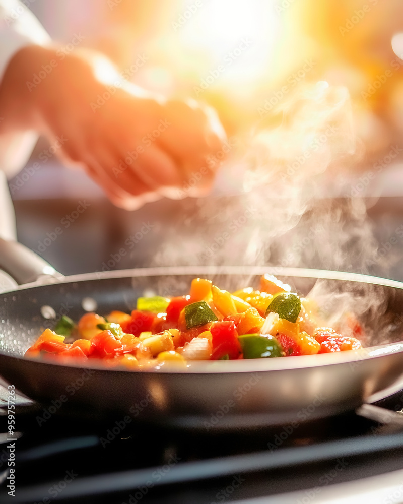 A skilled chef preparing a vibrant vegetable dish, showcasing fresh ingredients and culinary technique in a bright kitchen. A skilled chef preparing a vibrant vegetable dish, showcasing fresh ingredients and culinary technique in a bright kitchen.