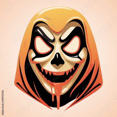 Sinister Skull in Hood A Chilling Illustration of a Grinning Skull with Glowing Eyes, Oozing Red and Orange Hues
