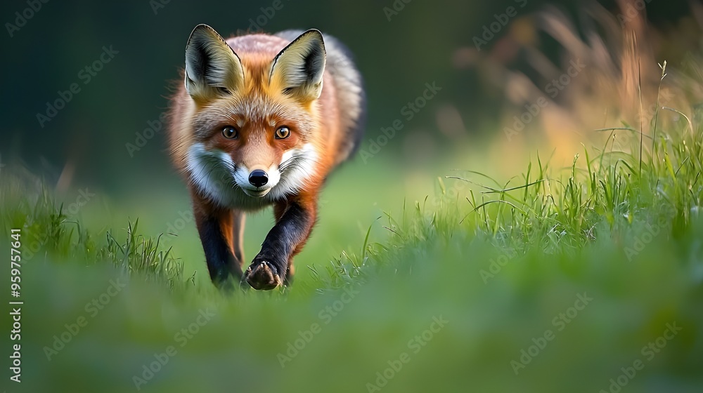 Obraz premium An engaging photograph of a red fox curiously exploring a meadow, with its vibrant fur contrasting against the green grass.