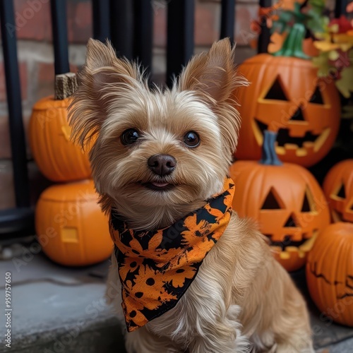 A small dog with a Halloween scarf, sitting by a festive jack-o'-lantern display, photo