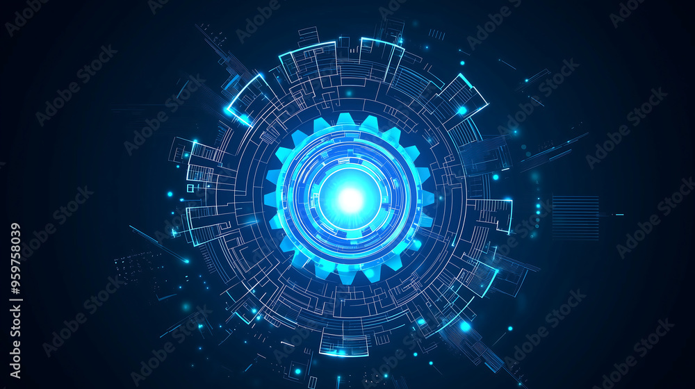 Abstract blue gears with futuristic technology and digital hologram vector background for a banner, poster, or presentation on a dark backdrop Abstract blue gears with futuristic technology and digital hologram vector background for a banner, poster, or presentation on a dark backdrop