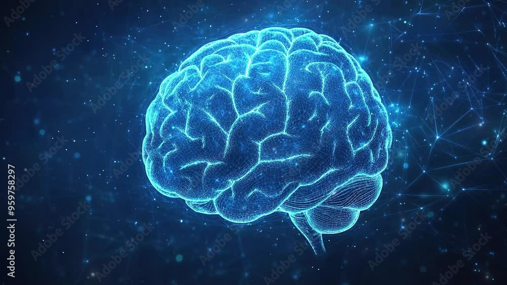 Abstract brain hologram background. Digital brain. Brain Artificial Intelligence Concept. Brain activity. Brain anatomy. Science showing the human brain. Human brain animation. Copy space area Abstract brain hologram background. Digital brain. Brain Artificial Intelligence Concept. Brain activity. Brain anatomy. Science showing the human brain. Human brain animation. Copy space area