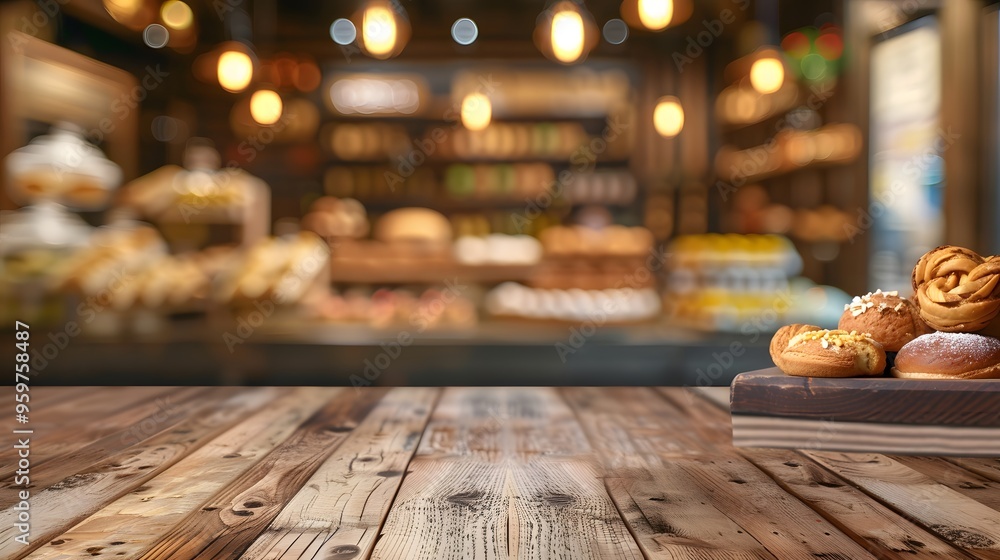 Empty wooden table top with a blurred background of a bakery shop interior for product display montage Empty wooden table top with a blurred background of a bakery shop interior for product display montage