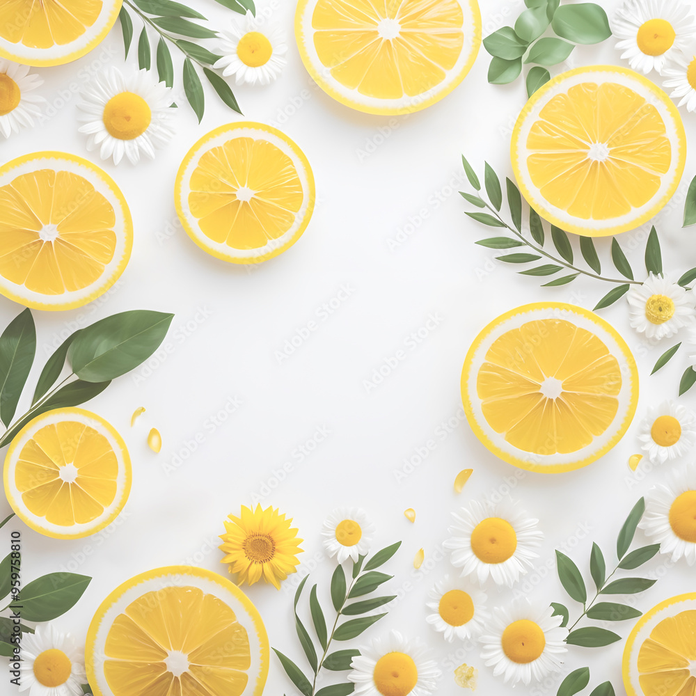 Background with Lemons, Flowers, and Leaves Background with Lemons, Flowers, and Leaves