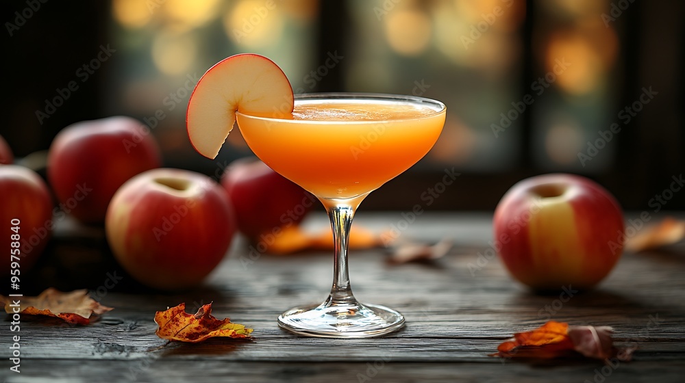 A rich caramel apple martini with a caramel drizzle around the glass, garnished with an apple slice, placed on a rustic wooden table with scattered autumn leaves and apples, A rich caramel apple martini with a caramel drizzle around the glass, garnished with an apple slice, placed on a rustic wooden table with scattered autumn leaves and apples,