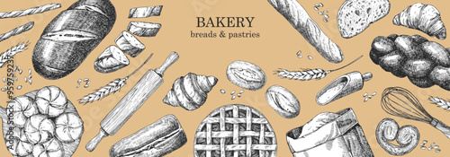 Bakery products. Bakery design template. Hand-drawn illustration of Bred. Ink. Vector	