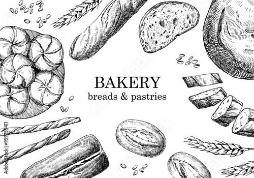 Bakery products. Bakery design template. Hand-drawn illustration of Bred. Ink. Vector	