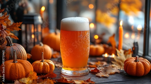 A rich pumpkin ale with a frothy head in a pint glass, surrounded by autumn leaves, pumpkins, and warm candlelight on a wooden table, soft golden light creating warm tones, photo