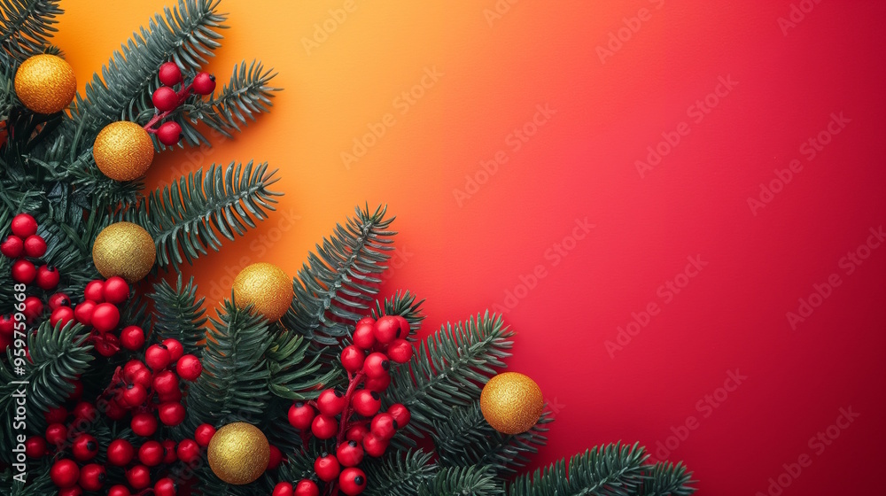 Christmas pine branches with red and gold ornaments on a gradient orange and red background. Festive and bold holiday concept for Christmas and New Year celebrations Christmas pine branches with red and gold ornaments on a gradient orange and red background. Festive and bold holiday concept for Christmas and New Year celebrations