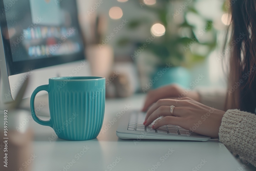 A cozy workspace featuring a teal mug and a woman typing on a keyboard. Perfect for remote work inspiration. Bright and inviting atmosphere. Generative AI A cozy workspace featuring a teal mug and a woman typing on a keyboard. Perfect for remote work inspiration. Bright and inviting atmosphere. Generative AI