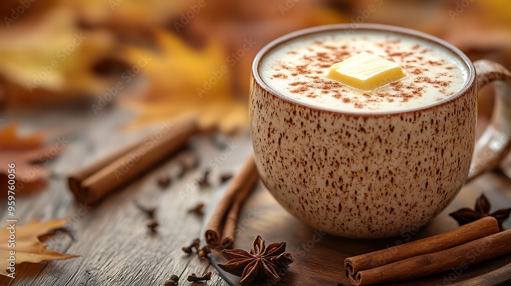 A rustic wooden table with a mug of hot buttered rum, butter melting on top, surrounded by cinnamon sticks, cloves, and scattered autumn leaves, warm sunlight casting soft shadows, A rustic wooden table with a mug of hot buttered rum, butter melting on top, surrounded by cinnamon sticks, cloves, and scattered autumn leaves, warm sunlight casting soft shadows,